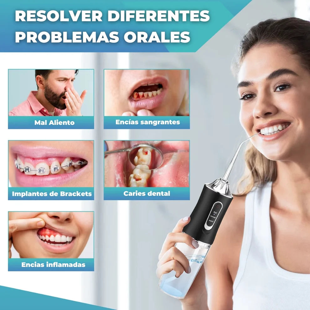 HydroClean™ Irrigador Oral Recargable | Kit Premium de Boquillas Intercambiables + Limpiador de Lengua Metálico